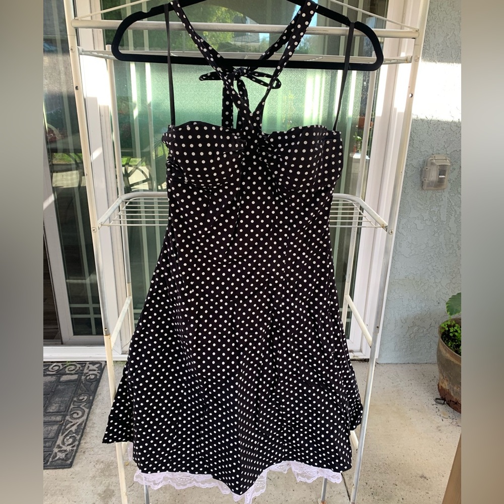BCX black White polka dot halter dress, size 11